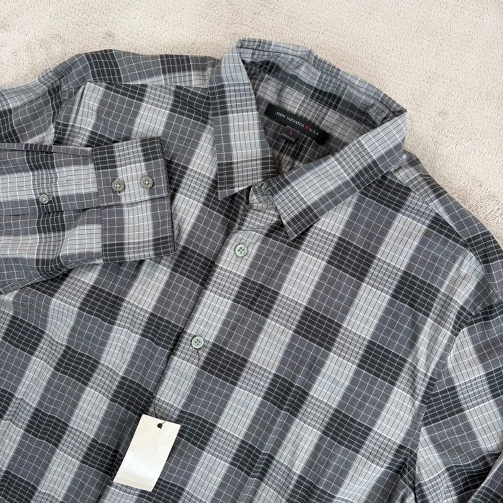 John Varvatos Button Up Shirt in Grey Black Smoke Plaid Men Large NWT $119